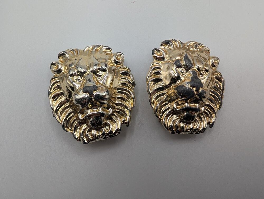 Vintage Gold Tone Lion Head Buckles Slides Costume Jewelry Set of 2 RARE scarf